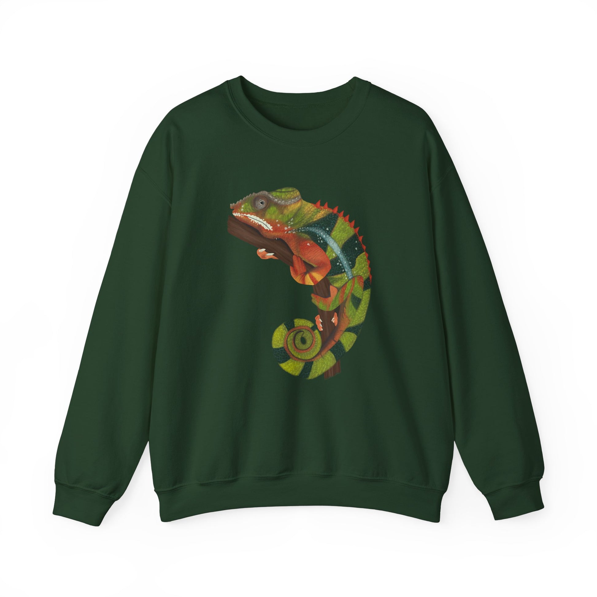 Green sweatshirt stamped with a digital art illustration chameleon