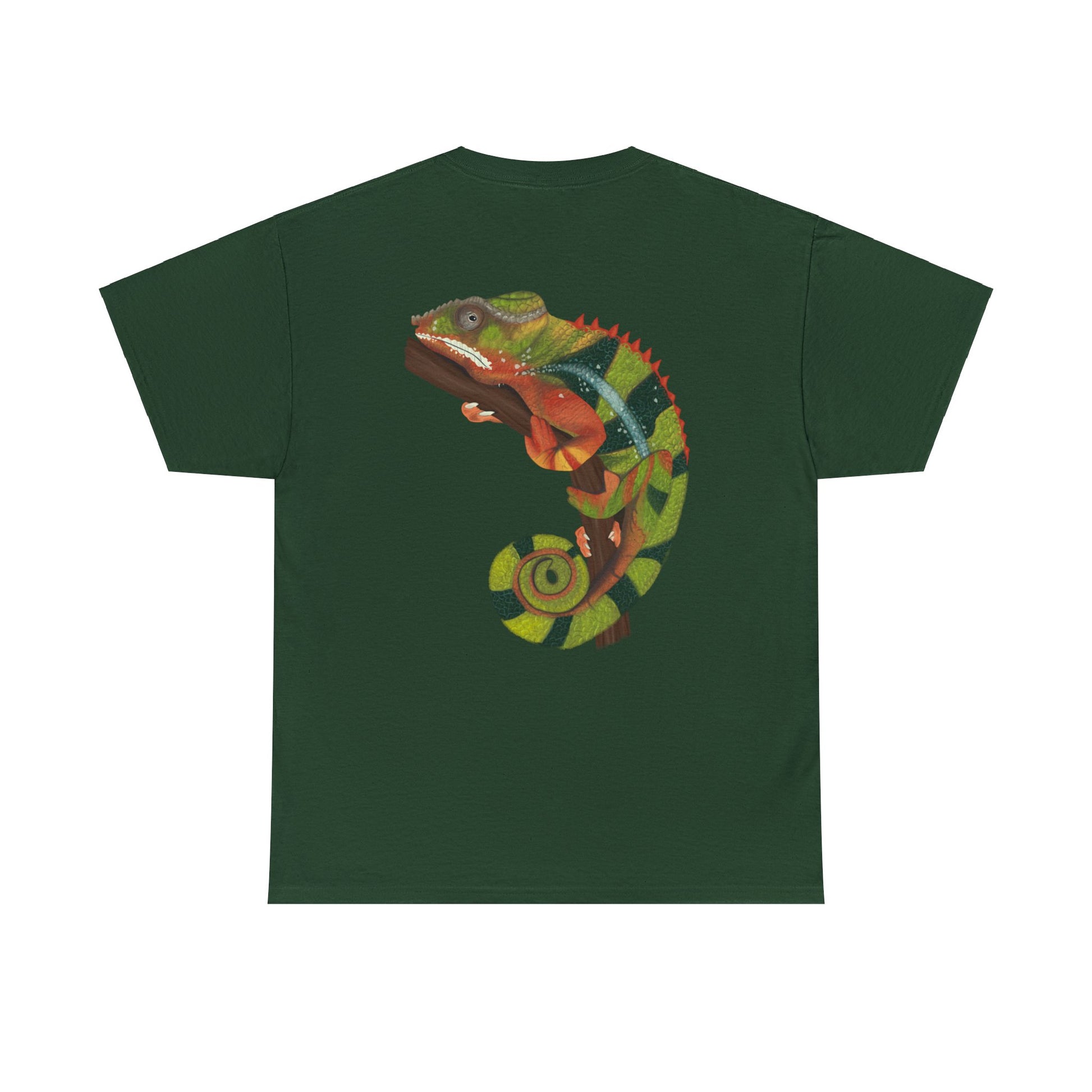 Green t-shirt stamped with a digital art illustration chameleon