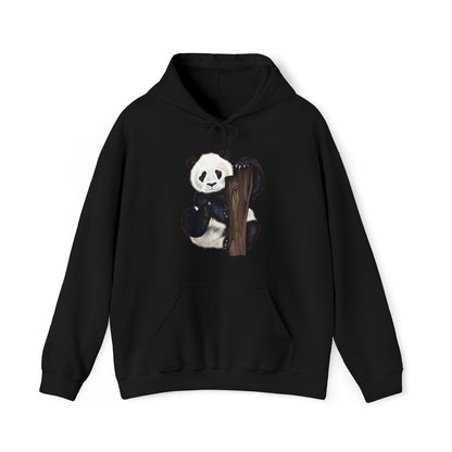 Black hoodie stamped with a digital art illustration panda