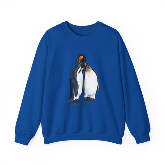 Blue sweatshirt stamped with a digital art illustration penguin