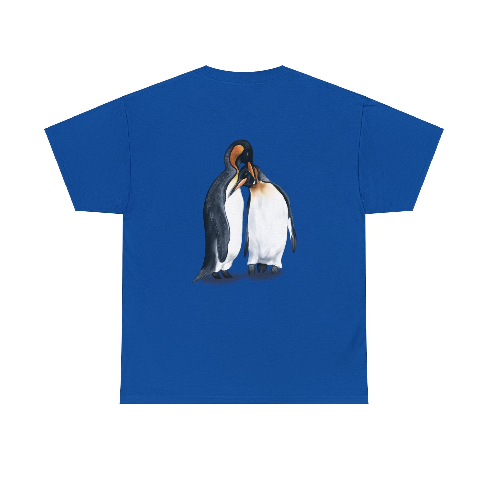 Blue t-shirt stamped with a digital art illustration penguin