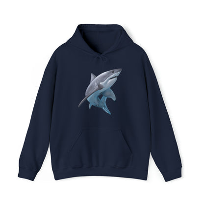 Navy blue hoodie stamped with a digital art illustration shark