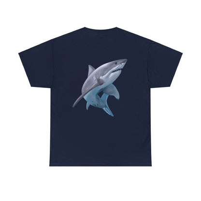 Navy blue t-shirt stamped with a digital art illustration shark